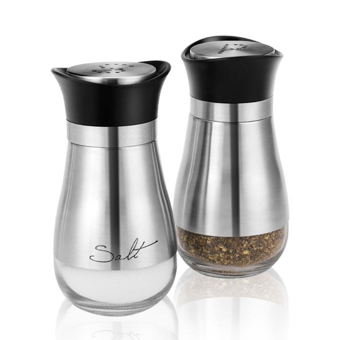 MODERN SALT AND PEPPER SHAKERS SET GLASS CANISTER DISPENSER WITH STAINLESS STEEL SLEEVE AND BLACK LID FOR SPICES SEAKOSHERHIMALAYAN SALTS AND PEPPER SILVER SET OF 2