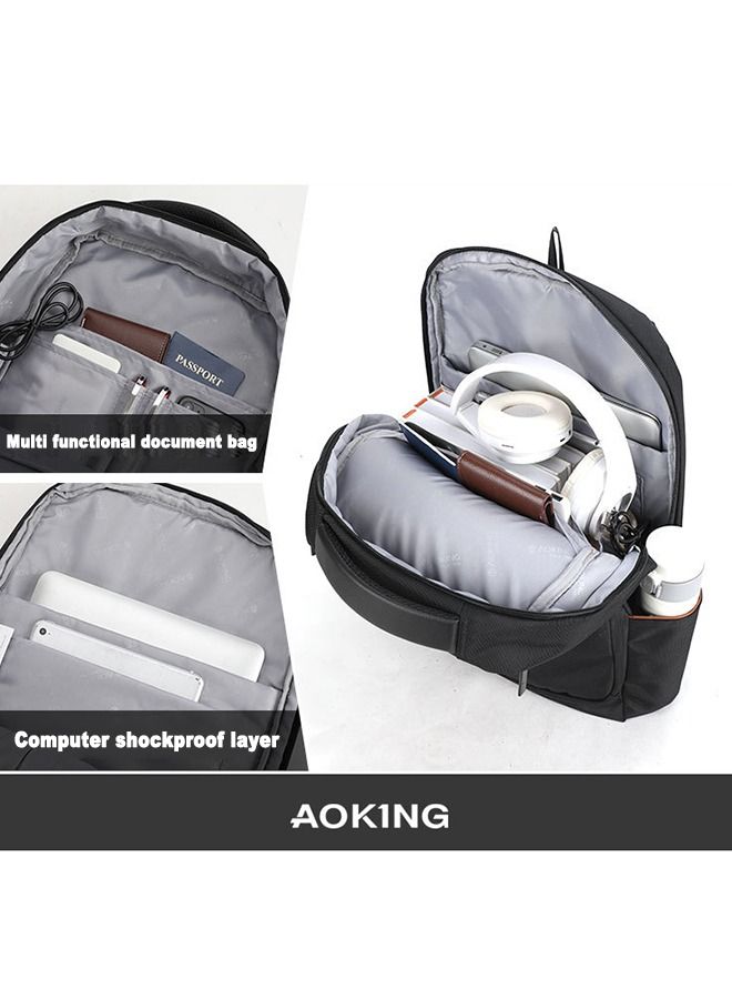 AOKING Classic Business Men's Large Capacity Waterproof Backpack for Household Travel Office Work Laptop Bag with USB Interface Black - Image 3