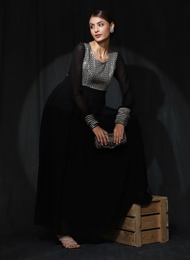 فستان ماكسي جورجيت أسود للنساء