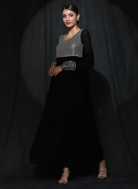 فستان ماكسي جورجيت أسود للنساء