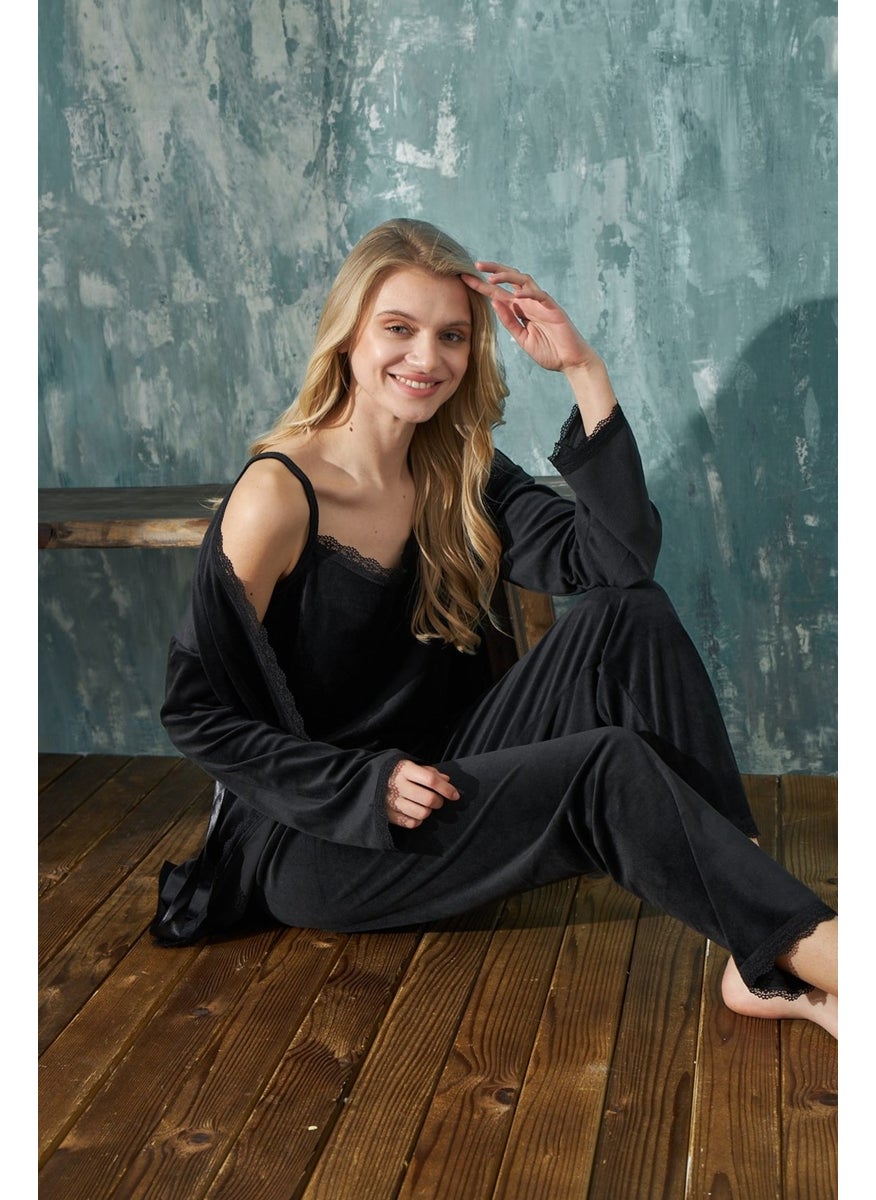 Bie's Women's French Velvet Rope Strap Dressing Gown with Lace Detail Pajamas Set of 3  - Image 2
