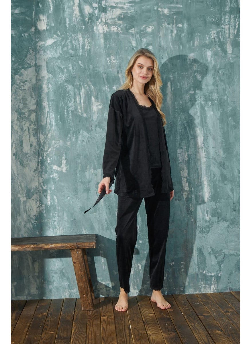 Bie's Women's French Velvet Rope Strap Dressing Gown with Lace Detail Pajamas Set of 3  - Image 1