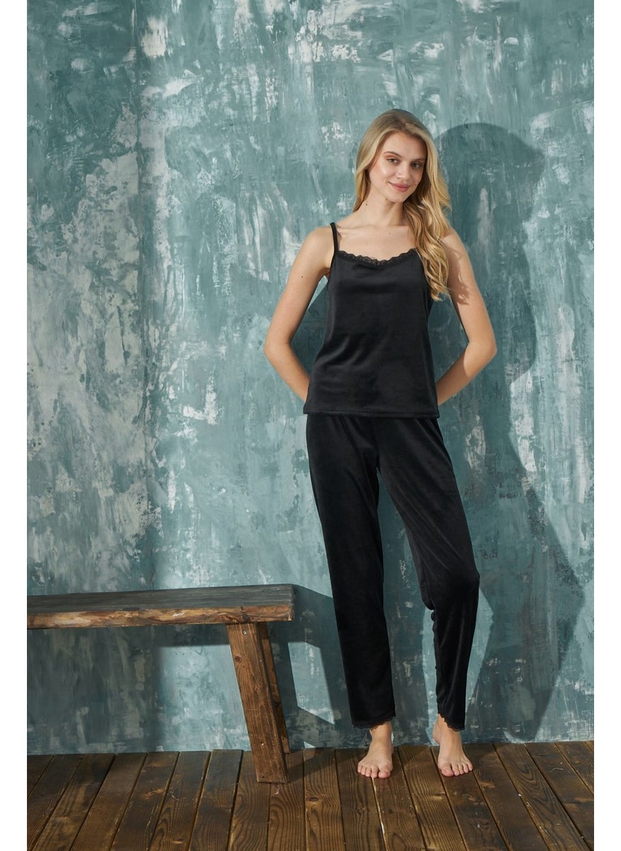 Bie's Women's French Velvet Rope Strap Dressing Gown with Lace Detail Pajamas Set of 3  - Image 4