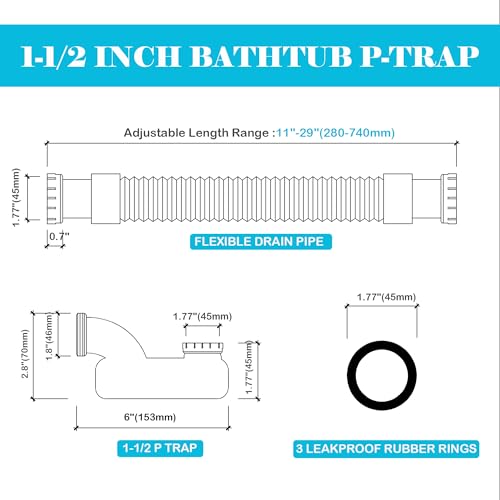 Jeckthun 1 1/2 Inch Tub Drain Kit with Low Profile P Trap,Flexible Drain Pipe for Freestanding Tub, RV Shower, Clawfoot Tub - Low Profile Shower Drain Kit, Easy Installation - Image 3