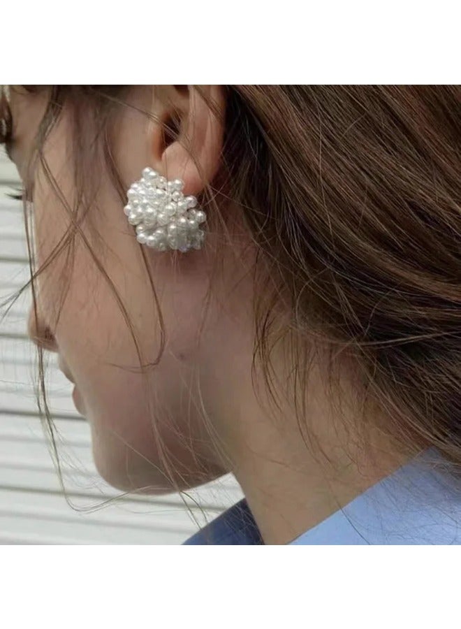 اتش واي 1 زوج أنيق بسيط أنيق فريد من نوعه كروي فو لؤلؤ مسمار أقراط ، النمط الفرنسي المرأة يوميا متعدد الاستخدامات هدايا احتفالية مجوهرات ، أقراط جديدة - Image 2