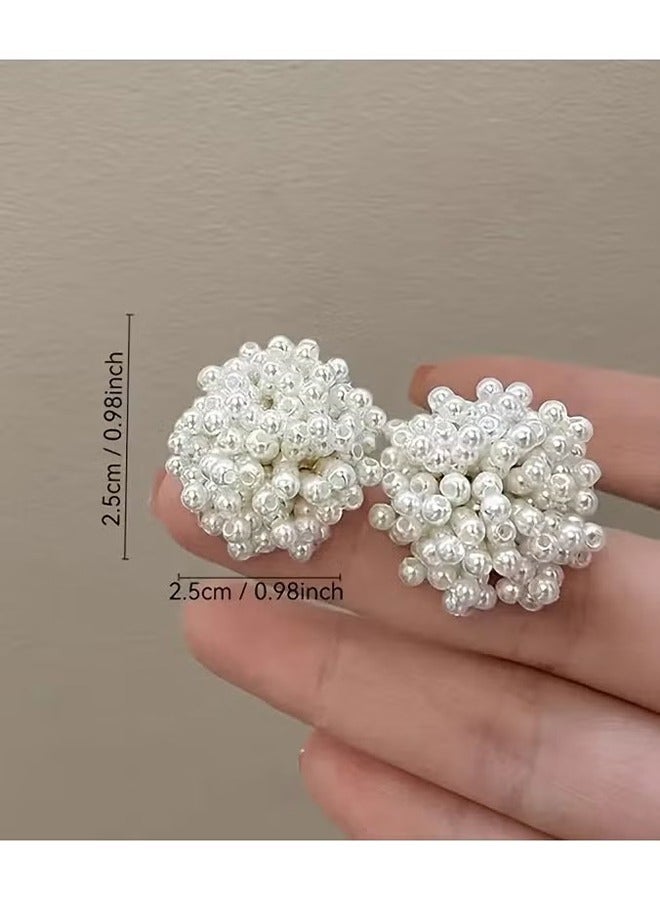 اتش واي 1 زوج أنيق بسيط أنيق فريد من نوعه كروي فو لؤلؤ مسمار أقراط ، النمط الفرنسي المرأة يوميا متعدد الاستخدامات هدايا احتفالية مجوهرات ، أقراط جديدة - Image 4