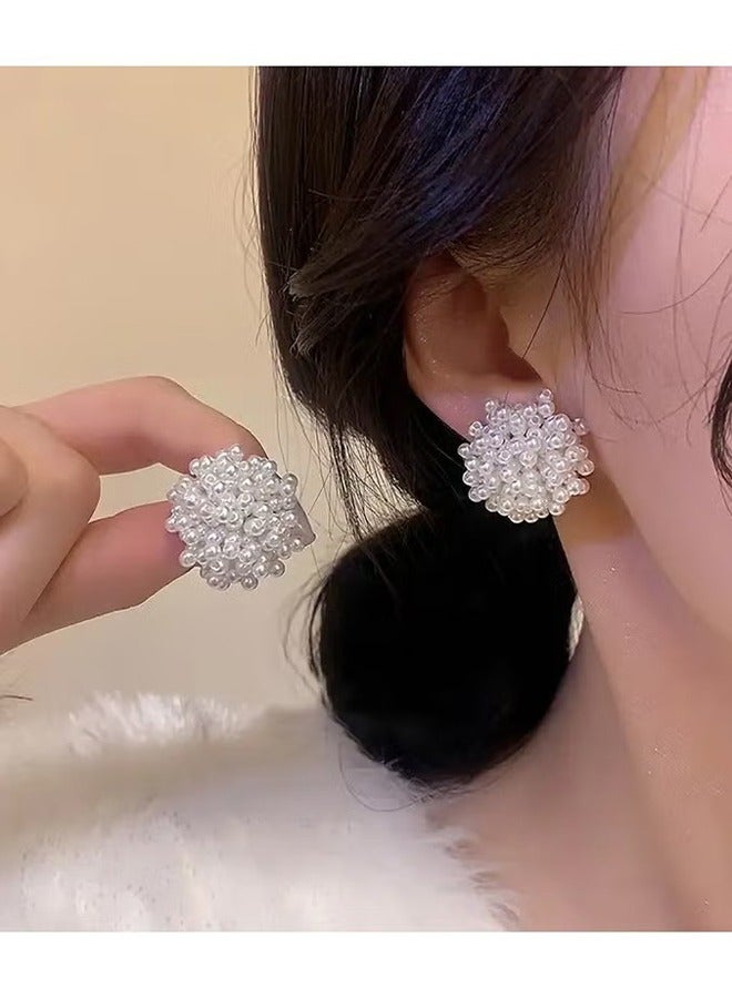 اتش واي 1 زوج أنيق بسيط أنيق فريد من نوعه كروي فو لؤلؤ مسمار أقراط ، النمط الفرنسي المرأة يوميا متعدد الاستخدامات هدايا احتفالية مجوهرات ، أقراط جديدة - Image 5