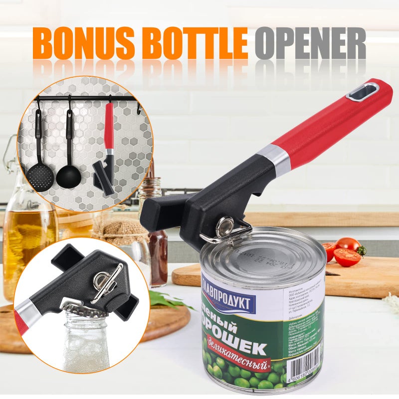 RICKUNCL 2 in 1 Safety Can Opener Manual Smooth Edge & Bottle Opener, No-Trouble-Lid-Lift Manual Can Opener with Magnet, Large Rubber Handle & Stainless Steel Blade, Side Cut Hand Can Opener for Kitchen (Red) - Image 5