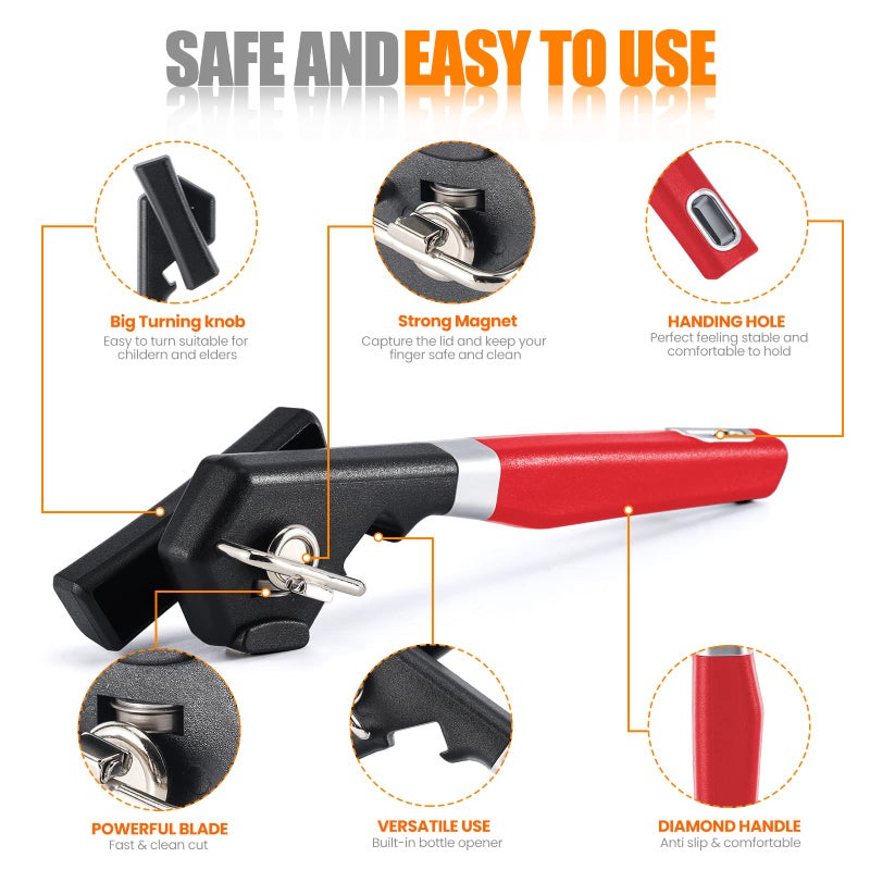 RICKUNCL 2 in 1 Safety Can Opener Manual Smooth Edge & Bottle Opener, No-Trouble-Lid-Lift Manual Can Opener with Magnet, Large Rubber Handle & Stainless Steel Blade, Side Cut Hand Can Opener for Kitchen (Red) - Image 4