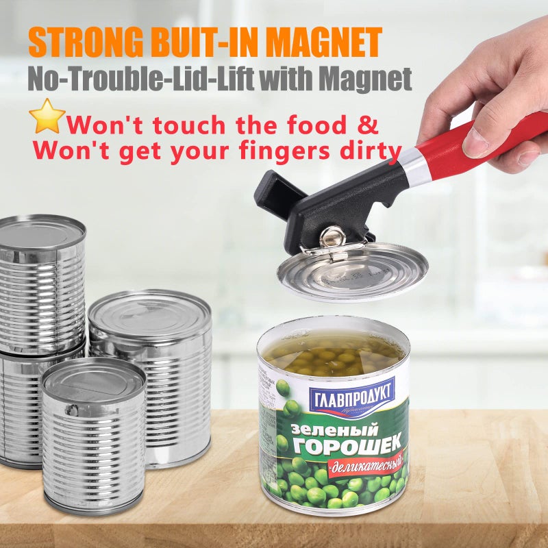 RICKUNCL 2 in 1 Safety Can Opener Manual Smooth Edge & Bottle Opener, No-Trouble-Lid-Lift Manual Can Opener with Magnet, Large Rubber Handle & Stainless Steel Blade, Side Cut Hand Can Opener for Kitchen (Red) - Image 2