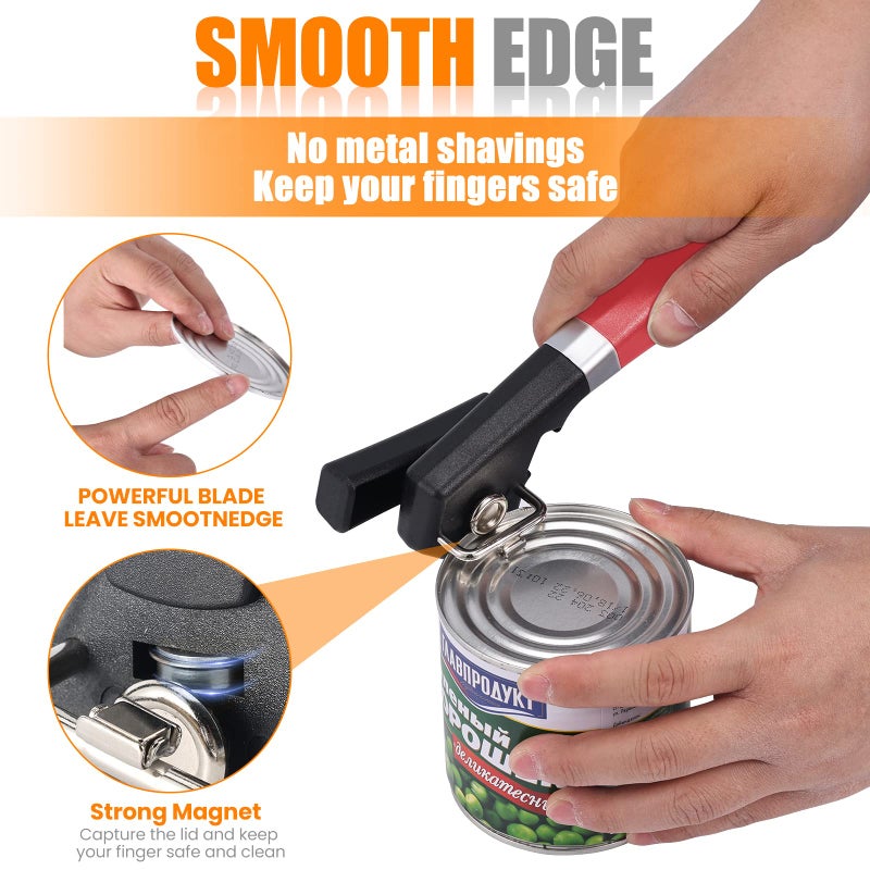 RICKUNCL 2 in 1 Safety Can Opener Manual Smooth Edge & Bottle Opener, No-Trouble-Lid-Lift Manual Can Opener with Magnet, Large Rubber Handle & Stainless Steel Blade, Side Cut Hand Can Opener for Kitchen (Red) - Image 3