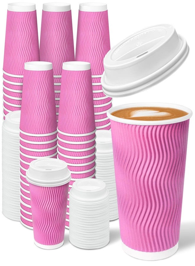 Charmount 100 Pack 12 oz Pink Disposable Insulated Coffee Cups with Lids - Ripple Wall Hot Paper To-Go Cups for Coffee, Tea, Cocoa, and Drinks - For Valentines Day - Image 1