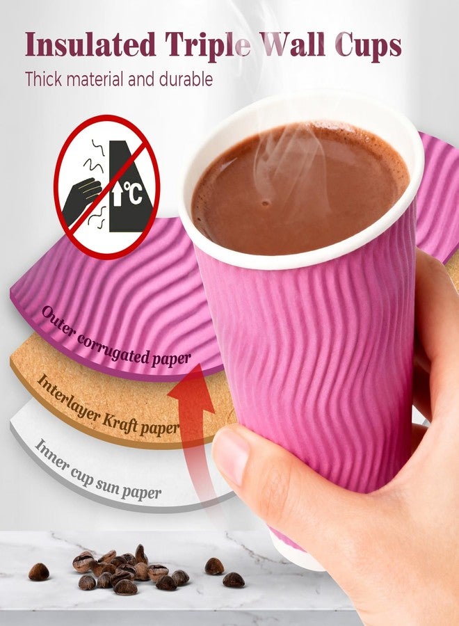 Charmount 100 Pack 12 oz Pink Disposable Insulated Coffee Cups with Lids - Ripple Wall Hot Paper To-Go Cups for Coffee, Tea, Cocoa, and Drinks - For Valentines Day - Image 3