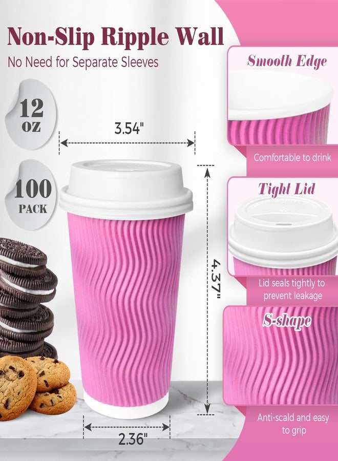 Charmount 100 Pack 12 oz Pink Disposable Insulated Coffee Cups with Lids - Ripple Wall Hot Paper To-Go Cups for Coffee, Tea, Cocoa, and Drinks - For Valentines Day - Image 2