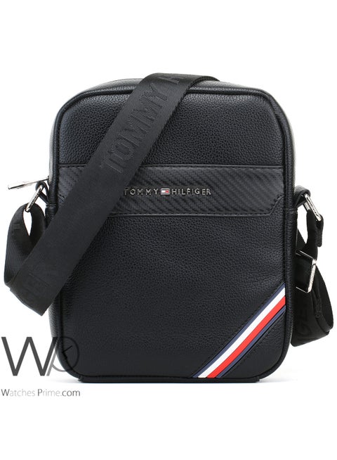 Black Leather Tommy Hilfiger Crossbody Messenger Bag For Men