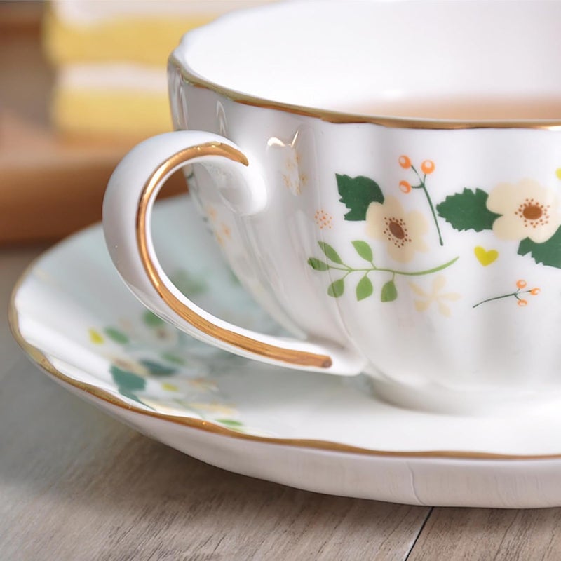 Lyellfe Set of 2 Tea Cup and Saucers 6 Oz Floral Tea Cups with Spoon Gold Trim Porcelain Bone China British Coffee Cappuccino Espresso Latte Mugs for Party Birthday Wedding Gifts - Image 3