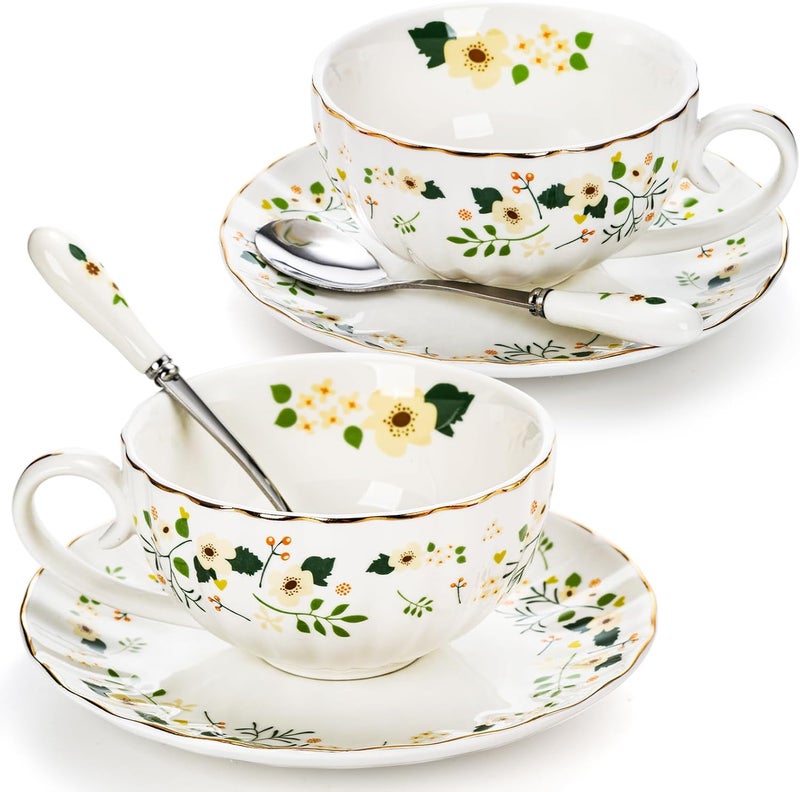 Lyellfe Set of 2 Tea Cup and Saucers 6 Oz Floral Tea Cups with Spoon Gold Trim Porcelain Bone China British Coffee Cappuccino Espresso Latte Mugs for Party Birthday Wedding Gifts - Image 1