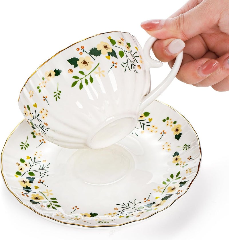 Lyellfe Set of 2 Tea Cup and Saucers 6 Oz Floral Tea Cups with Spoon Gold Trim Porcelain Bone China British Coffee Cappuccino Espresso Latte Mugs for Party Birthday Wedding Gifts - Image 4