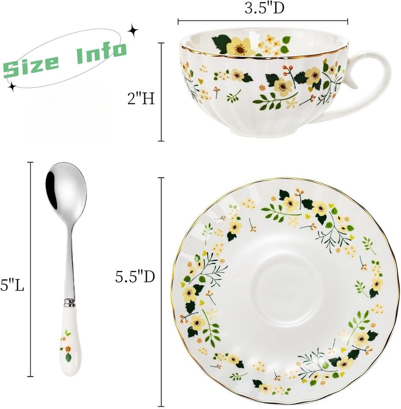 Lyellfe Set of 2 Tea Cup and Saucers 6 Oz Floral Tea Cups with Spoon Gold Trim Porcelain Bone China British Coffee Cappuccino Espresso Latte Mugs for Party Birthday Wedding Gifts - Image 2