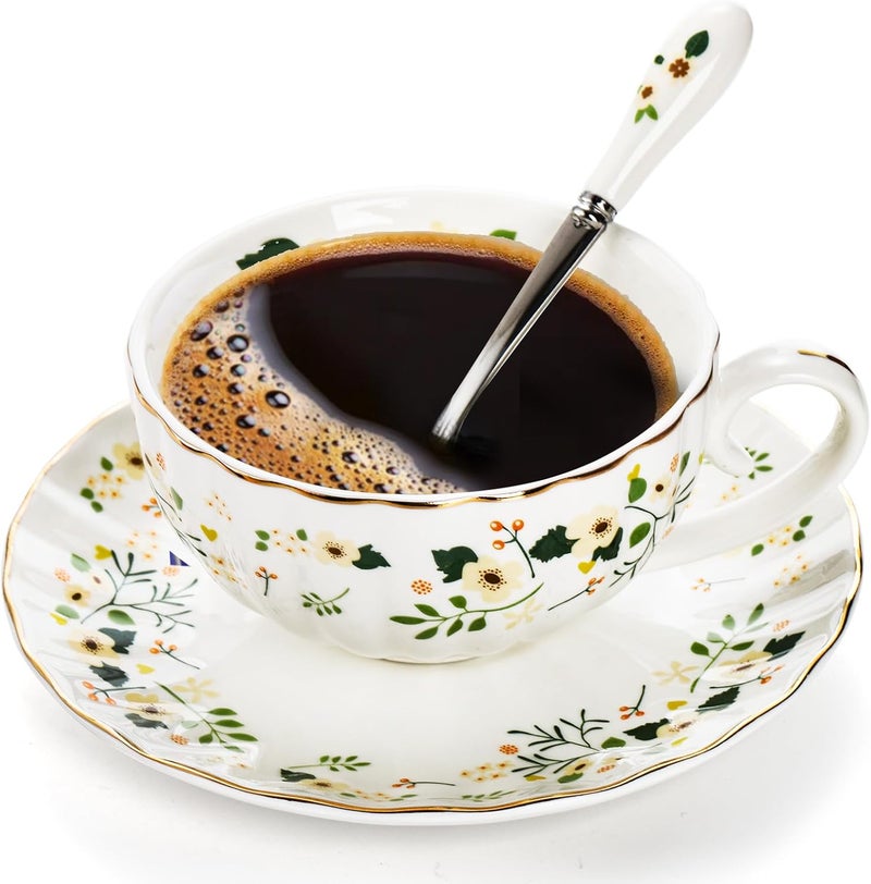 Lyellfe Set of 2 Tea Cup and Saucers 6 Oz Floral Tea Cups with Spoon Gold Trim Porcelain Bone China British Coffee Cappuccino Espresso Latte Mugs for Party Birthday Wedding Gifts - Image 5