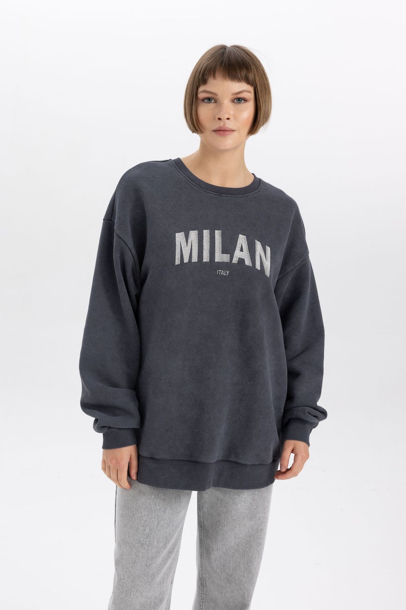 DeFacto Woman Oversize Fit Crew Neck University Printed Thick Sweatshirt  - Image 3
