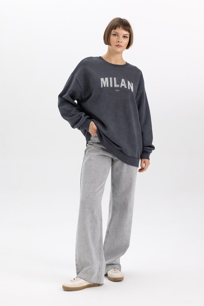 DeFacto Woman Oversize Fit Crew Neck University Printed Thick Sweatshirt  - Image 5