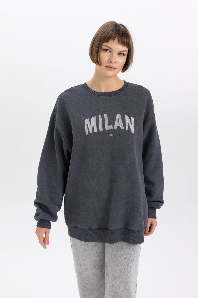 DeFacto Woman Oversize Fit Crew Neck University Printed Thick Sweatshirt  - Image 1