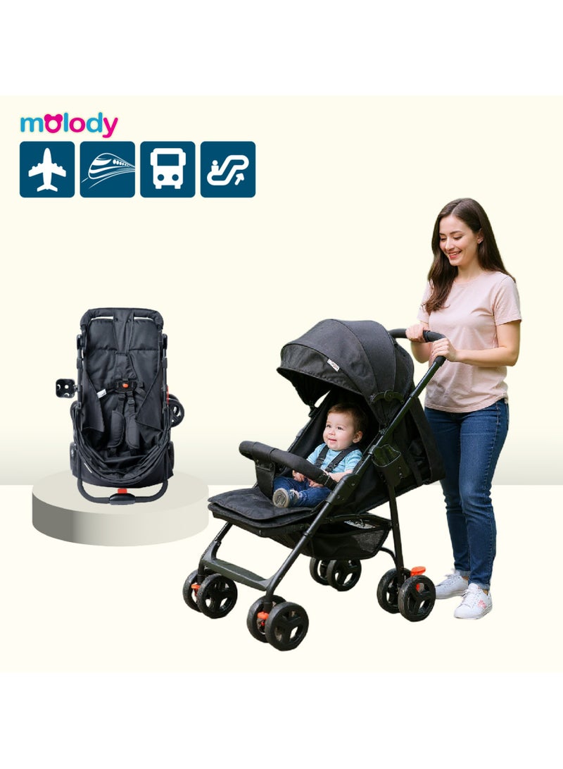 مولودي عربة أطفال خفيفة الوزن وقابلة للطي مع مقعد قابل للتعديل والاستلقاء وغطاء – نظام سفر 2 في 1 مدمج للرضع والأطفال (من 0 إلى 3 سنوات)، مناسبة لجميع التضاريس مع سلة تخزين كبيرة وحزام أمان - Image 2