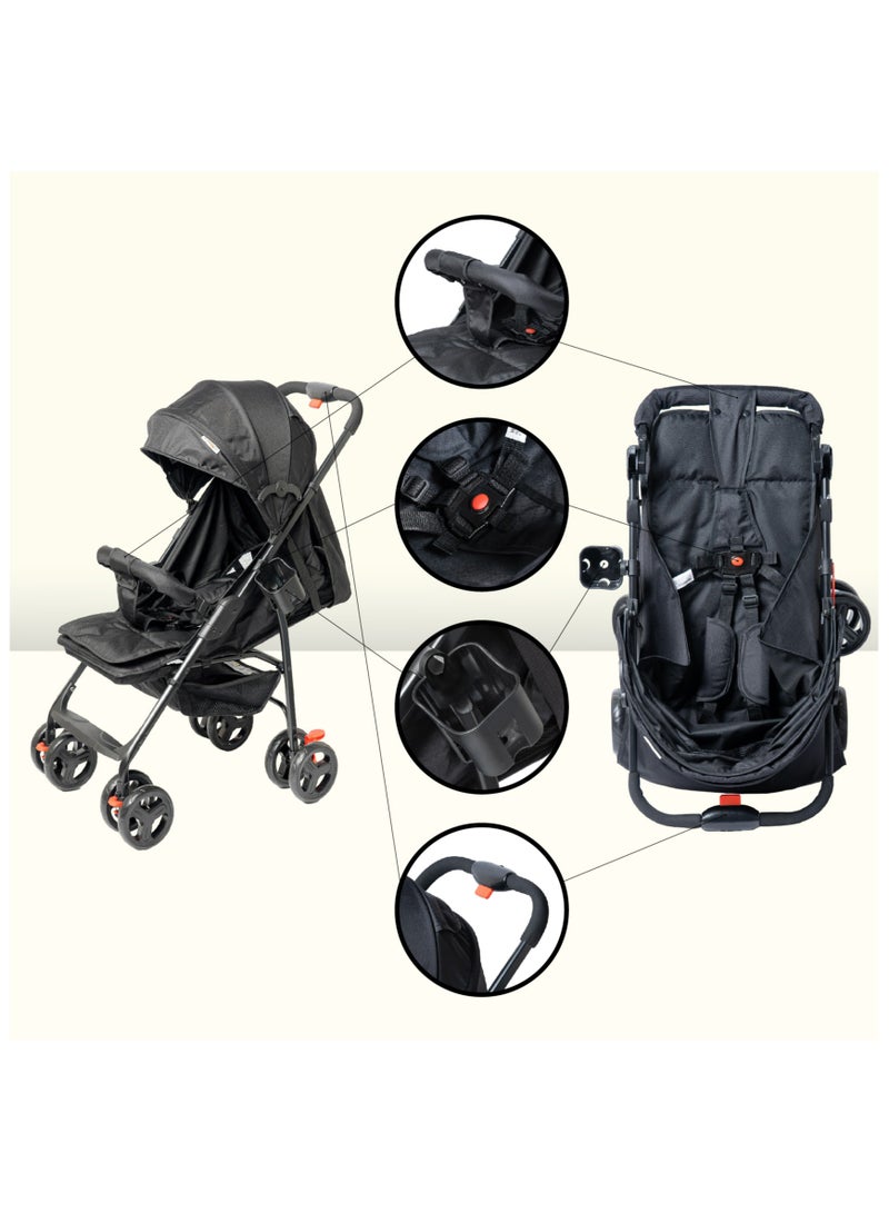 مولودي عربة أطفال خفيفة الوزن وقابلة للطي مع مقعد قابل للتعديل والاستلقاء وغطاء – نظام سفر 2 في 1 مدمج للرضع والأطفال (من 0 إلى 3 سنوات)، مناسبة لجميع التضاريس مع سلة تخزين كبيرة وحزام أمان - Image 3