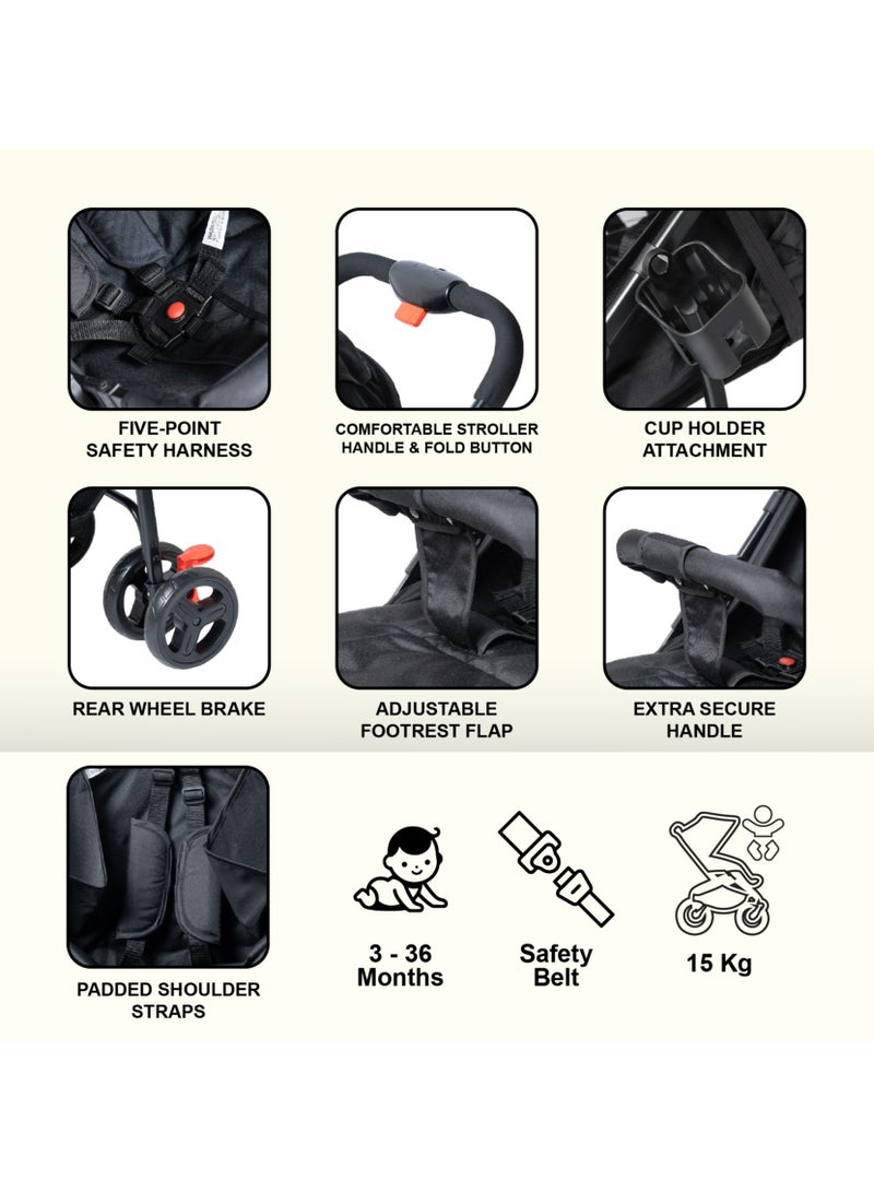 مولودي عربة أطفال خفيفة الوزن وقابلة للطي مع مقعد قابل للتعديل والاستلقاء وغطاء – نظام سفر 2 في 1 مدمج للرضع والأطفال (من 0 إلى 3 سنوات)، مناسبة لجميع التضاريس مع سلة تخزين كبيرة وحزام أمان - Image 4