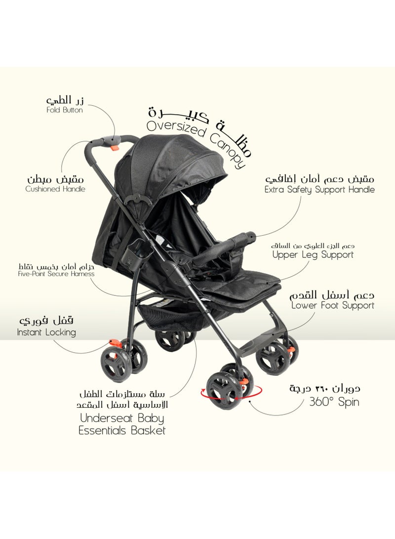 مولودي عربة أطفال خفيفة الوزن وقابلة للطي مع مقعد قابل للتعديل والاستلقاء وغطاء – نظام سفر 2 في 1 مدمج للرضع والأطفال (من 0 إلى 3 سنوات)، مناسبة لجميع التضاريس مع سلة تخزين كبيرة وحزام أمان - Image 5
