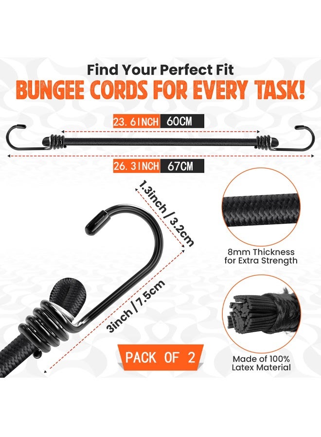 2 PCS Bungee Cords with Hooks 60cm, Latex Made Heavy Duty Weatherproof UV - Resistant Elastic Bungee Straps, Ideal for Securing Luggage, Camps, Tarps, Furniture, Wheelie Bin Lid Cover - Image 2