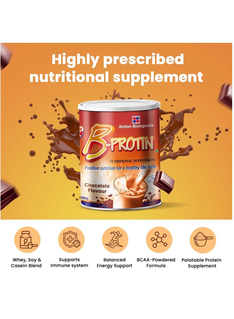 British Biologicals B-Protin Nutritional Supplement | Whey, Soy & Casein Blend | Immunity & Energy Support | Vitamin A, Folic Acid & Zinc | Supports Digestion | Gluten-Free | Chocolate Flavour | 400g - Image 3