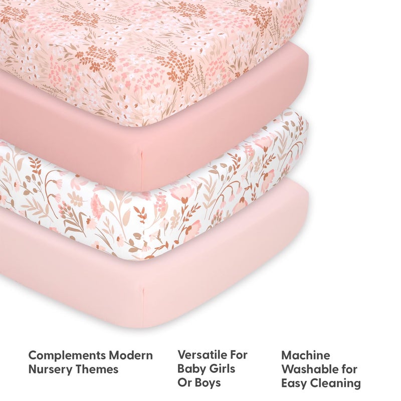 The Peanut Shell The Peanutshell 4-Pack Fitted Crib Sheet Set - Super Soft & Breathable Baby Girl Crib Sheets, Nursery Decor, Fit for Standard Mattress Cover- Whimsical Floral - Image 4