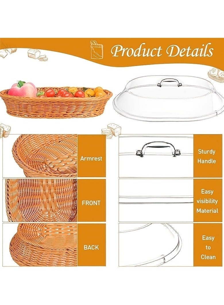 Wicker Bread Basket with Clear Acrylic Lid - Durable, Washable Food Tray for Desserts & Fruits - Perfect for Kitchen, Picnic, and Home Display - Image 2