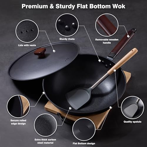 Teewe Carbon Steel Wok -13 Inch Woks & Stir-fry Pans Nonstick, Wok Pan with Lid Spatula and Dish Brush: Pre-Seasoned Flat Bottom Chinese Woks for Induction, Electric, Gas, All Stoves - Image 4