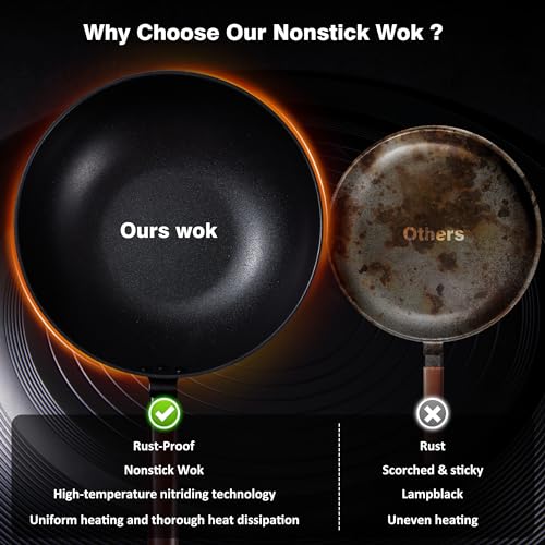 Teewe Carbon Steel Wok -13 Inch Woks & Stir-fry Pans Nonstick, Wok Pan with Lid Spatula and Dish Brush: Pre-Seasoned Flat Bottom Chinese Woks for Induction, Electric, Gas, All Stoves - Image 5