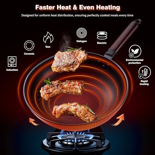 Teewe Carbon Steel Wok -13 Inch Woks & Stir-fry Pans Nonstick, Wok Pan with Lid Spatula and Dish Brush: Pre-Seasoned Flat Bottom Chinese Woks for Induction, Electric, Gas, All Stoves - Image 2