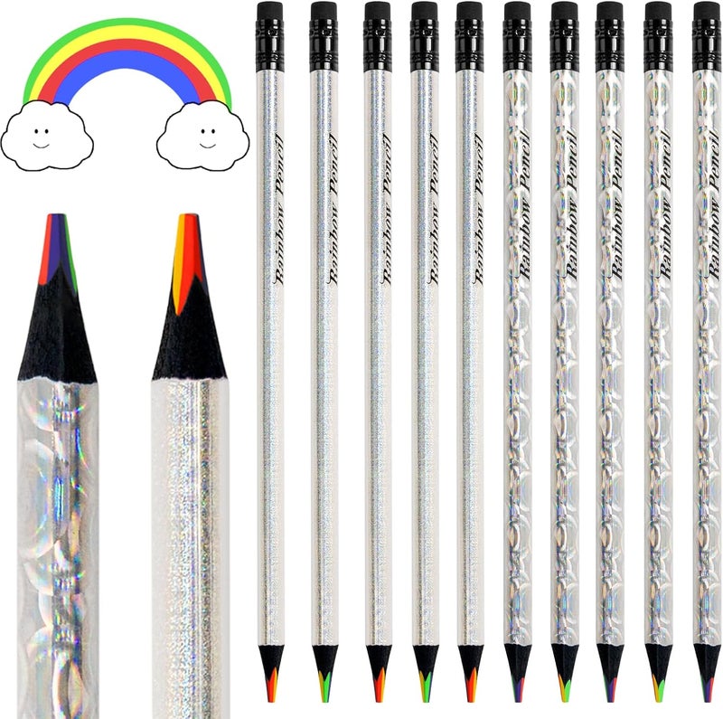 ThEast 10 Pieces Rainbow Colored Pencils, 4 Colors in 1 Rainbow Pencil for Kids, Multi Color Pencil for Kids Drawing Coloring Sketching Stationery, Kids Gifts, Triangle pencil, Pre-sharpened - Image 1