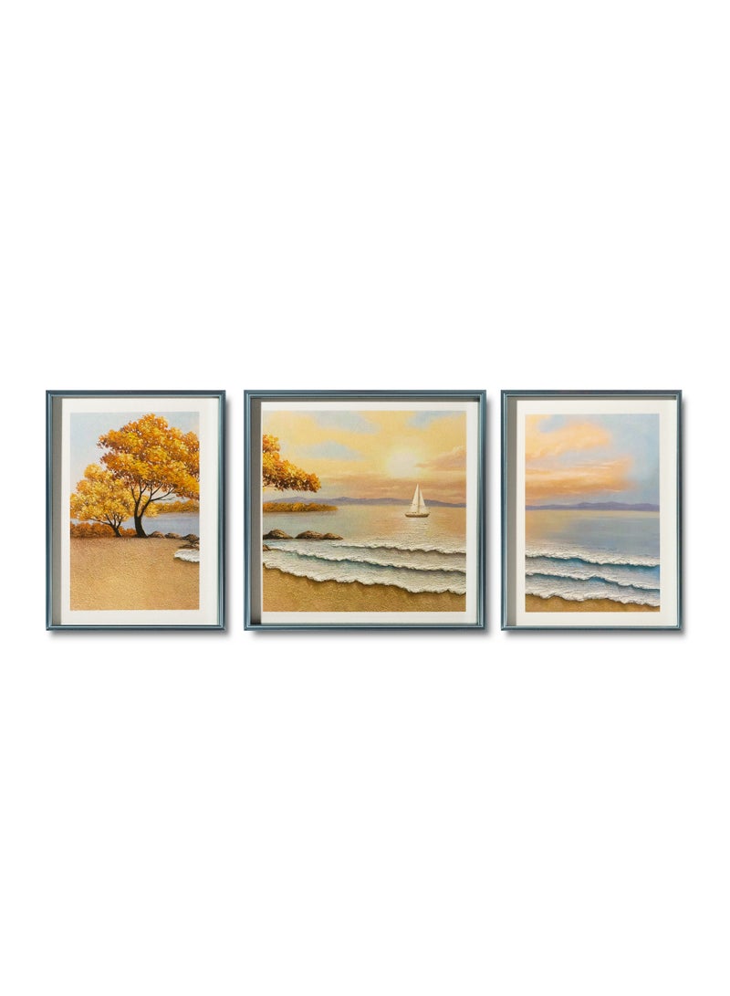 30x40/40x40/30x40cm Relief Art Canvas Print Trio – Autumn Tree, Sunset Sailboat & Beach Scene Wall Art for Living Room & Bedroom - Image 1