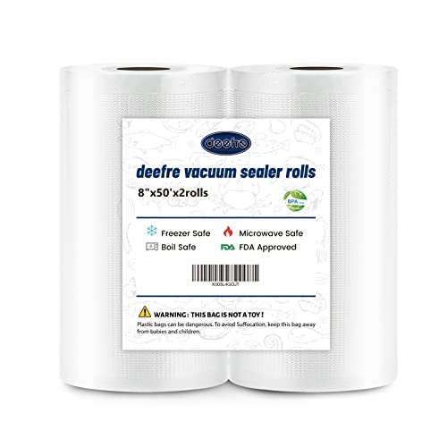 Deefre Vacuum Sealer Bags 2 Rolls 8x50 Commercial Grade Food Saver Bags for Seal a Meal BPA Free Heavy Duty Great for vac Storage Meal Prep or Sous Vide