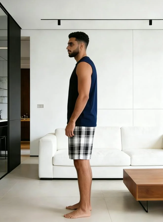 Take Two Dark Blue Men Navy Sleeveless Tank and Checkered Shorts Pyjama Set for Men | Best Price UAE