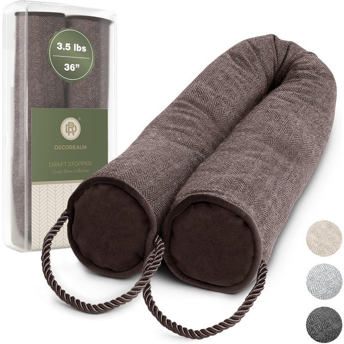 UNDER DOOR DRAFT STOPPER AND BLOCKER DRAFT GUARD FOR DOORS AND WINDOWS DECORATIVE FABRIC CYLINDER BLOCKER PROVIDES WEIGHTED DOOR INSULATION BY BROWN 36 INCHES