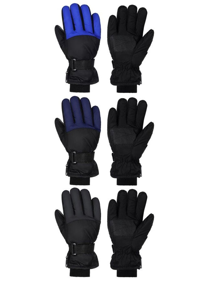 Bencailor 3 Pairs Kids Winter Gloves Waterproof Snow Ski Gloves Warm Windproof Adjustable Mittens for Boy Girl Outdoor(8-12 Years,Classic Blue, Gray, Dark Blue) - Image 1