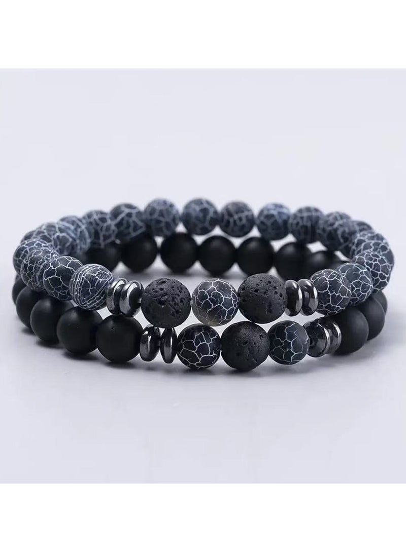 ORiTi Vintage Vacation-Inspired 2-Piece Set Natural Stone Beaded Bracelets for Women, Blue and black Patterned, Simple Versatile Couples Bead Jewelry, Double Loop Stackable Bangle Set - Image 1