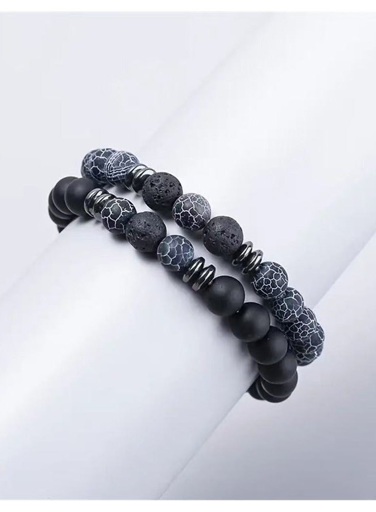 ORiTi Vintage Vacation-Inspired 2-Piece Set Natural Stone Beaded Bracelets for Women, Blue and black Patterned, Simple Versatile Couples Bead Jewelry, Double Loop Stackable Bangle Set - Image 2