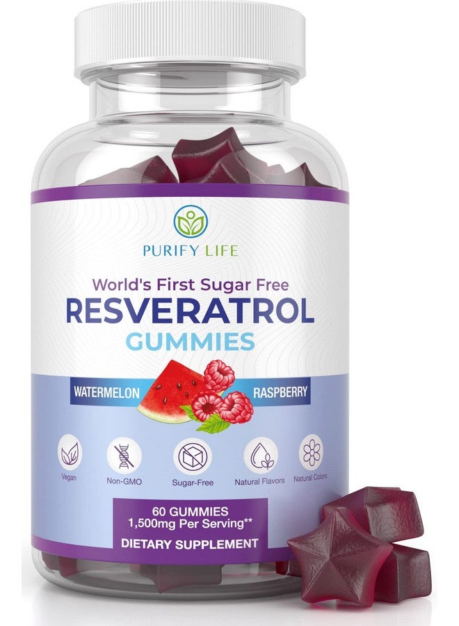 Purify Life جومي سكر خالي من الريسفيراترول قوي 1500 ملغ مكمل ريسفيراترول لدعم صحة الجهاز الهضمي والمناعة مكمل ريسفيراترول لدعم مضادات الأكسدة ومكافحة الشيخوخة وصحة القلب والدماغ 60 حبة - Image 1