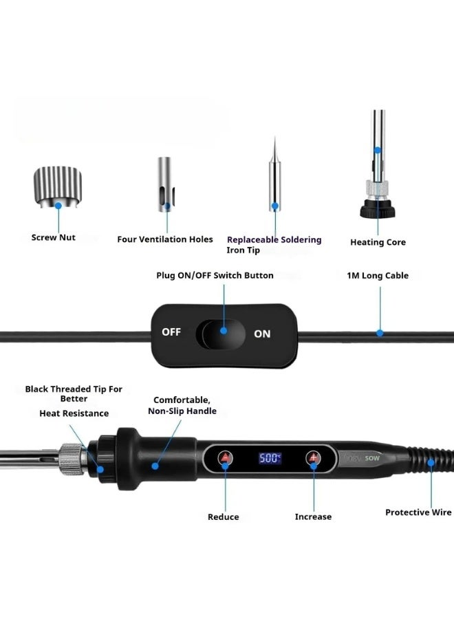 Kiboule 80W Adjustable Soldering Iron Set with LCD Display – Temperature Range 180-500°C, Includes Desoldering Pump, 5 Soldering Tips, and Soldering Iron Stand – Ideal for Electronic Repairs DIY Projects - Image 2