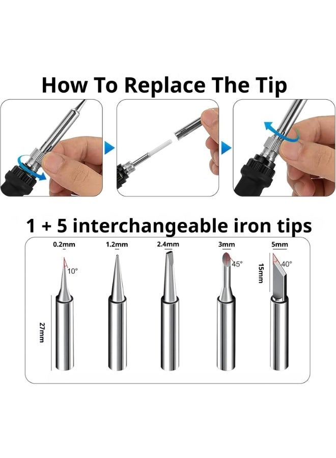 Kiboule 80W Adjustable Soldering Iron Set with LCD Display – Temperature Range 180-500°C, Includes Desoldering Pump, 5 Soldering Tips, and Soldering Iron Stand – Ideal for Electronic Repairs DIY Projects - Image 3