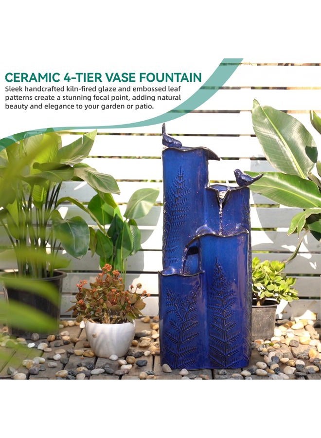 Autodaya 32" H Ceramic Outdoor Water Fountain with LED Lights, 4-Tier Vase Outdoor Fountain, Cobalt Blue Glaze, Embossed Fern Pattern, Cascading Waterfall for Tranquil Garden, Patio, or Porch - Image 4